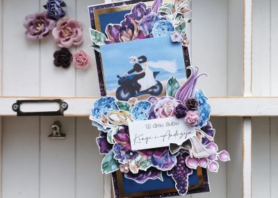 Kartka ślubna ze ścigaczem w niebieskościach i fiolecie